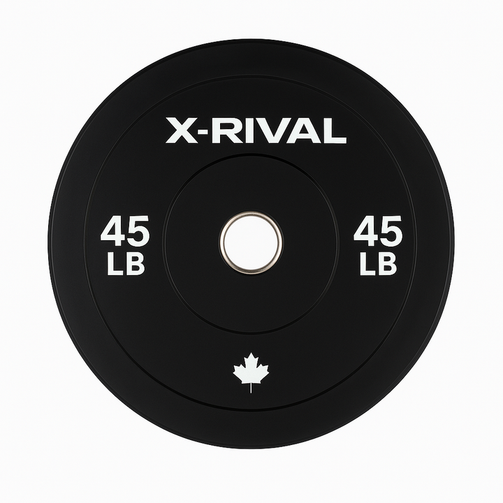 X-RIVAL 45 LB black bumper plate, durable rubber construction, ideal for weight training in home gyms and fitness centers.