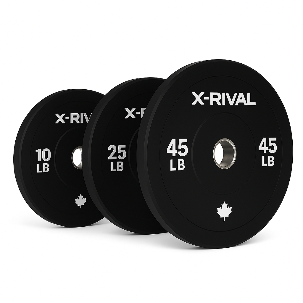 X-RIVAL Black Bumper Plates in 10lb, 25lb, and 45lb sizes, ideal for barbells in gyms across Canada.