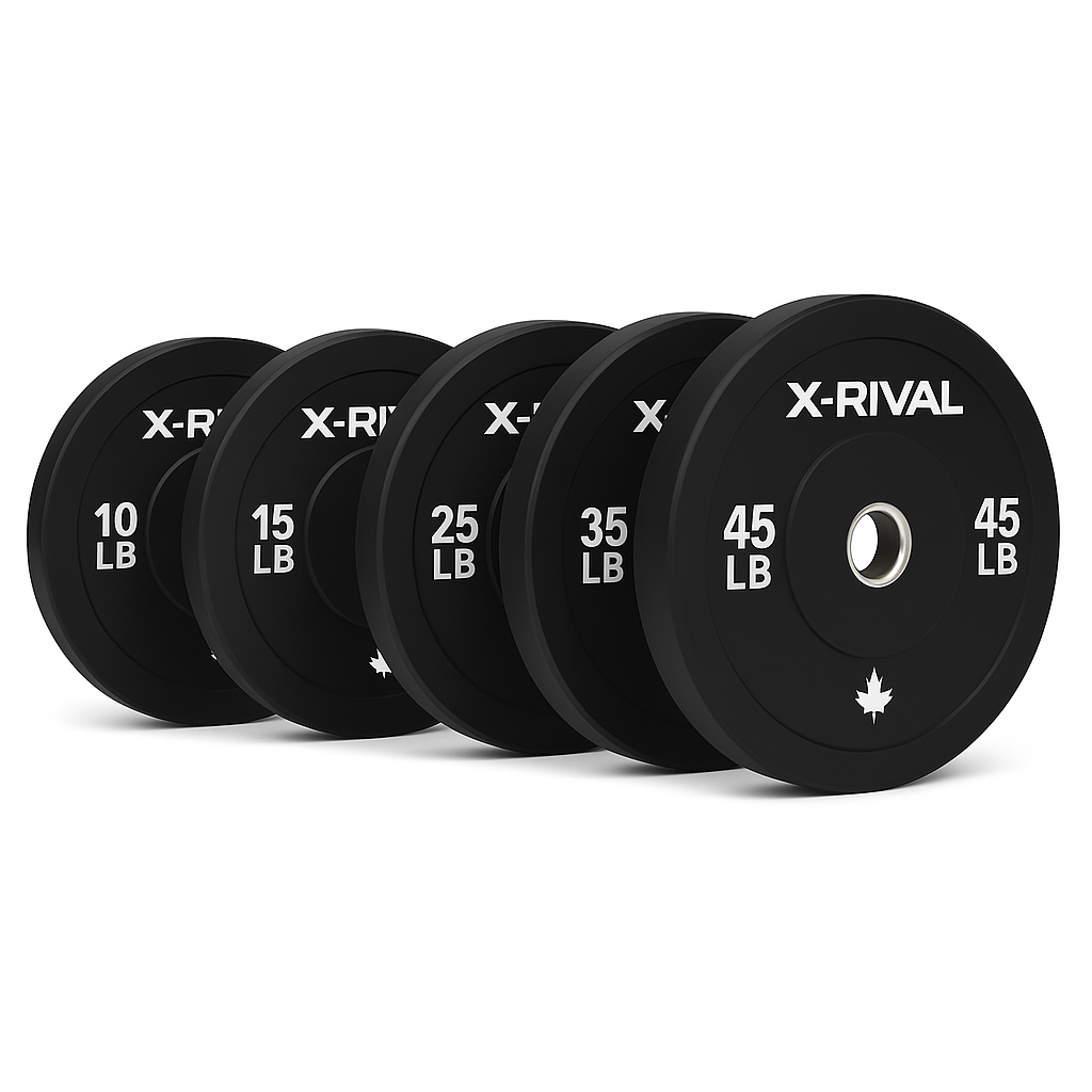 X-RIVAL Black Bumper Plates in various weights, ideal for home gyms and commercial fitness in Canada.