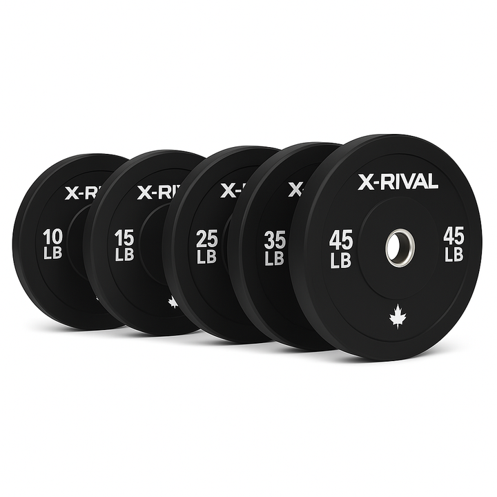 X-RIVAL Black Bumper Plates in various weights, ideal for home gyms and commercial fitness in Canada.