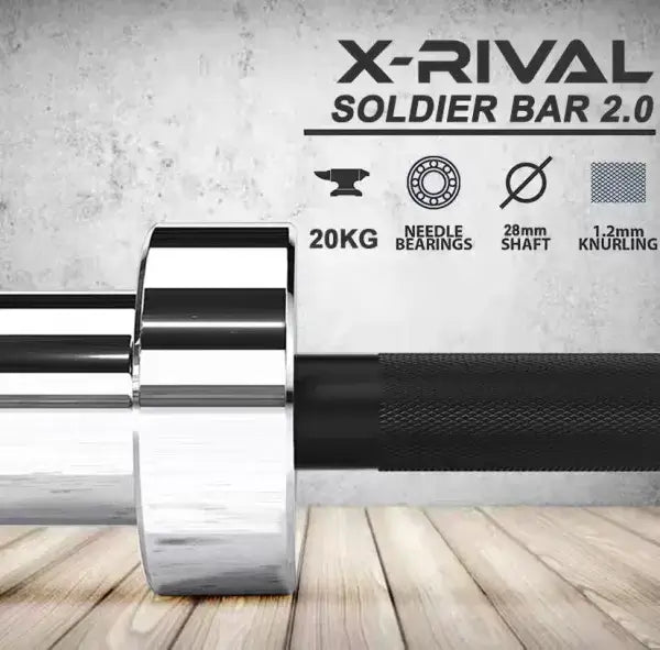 X-RIVAL Soldier Bar 2.0 Olympic barbell with chrome finish, featuring 20kg weight, 28mm shaft, and 1.2mm knurling.