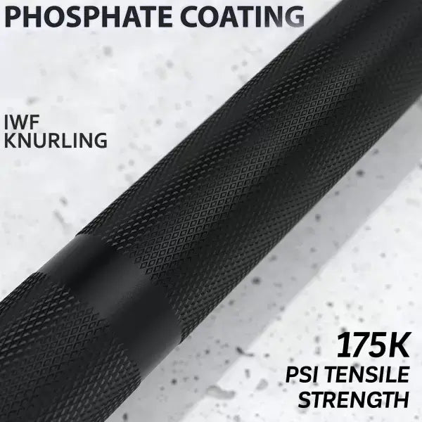 Close-up of X-RIVAL Soldier 2.0 Olympic bar with phosphate coating and IWF knurling, showcasing 175K PSI tensile strength.