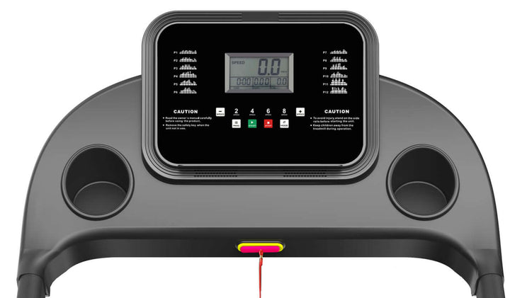 X-RIVAL Treadmill K7425 console with display, cup holders, and safety key, ideal for home workouts.