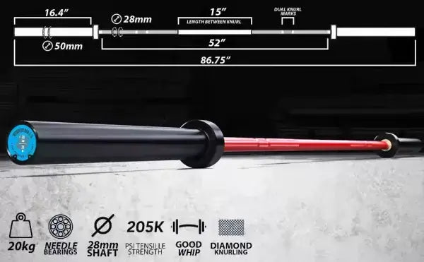 X-RIVAL Warrior 2.0 Olympic barbell with specifications, 7ft length, 1500lbs capacity, and Cerakote finish.