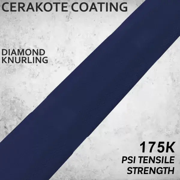 Close-up of X-RIVAL Olympic bar's Cerakote coating and diamond knurling, highlighting 175K PSI tensile strength.