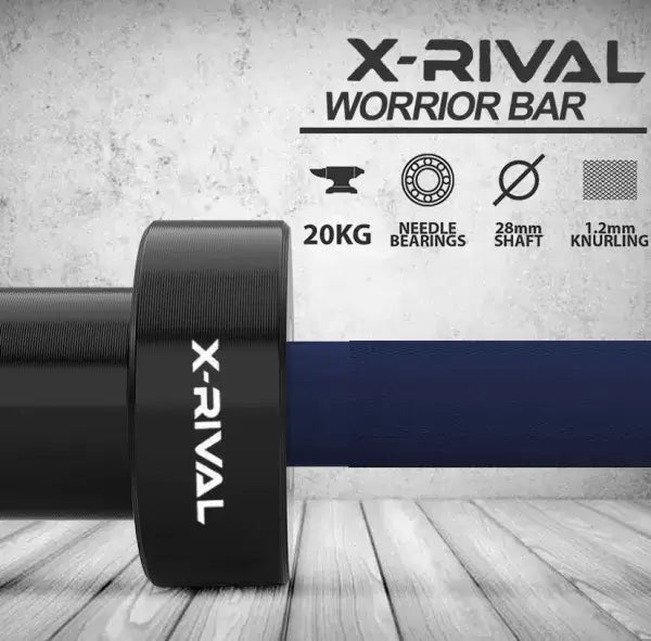 X-RIVAL Warrior Bar 20kg with 28mm shaft, needle bearings, and 1.2mm knurling for Olympic weightlifting and strength training.