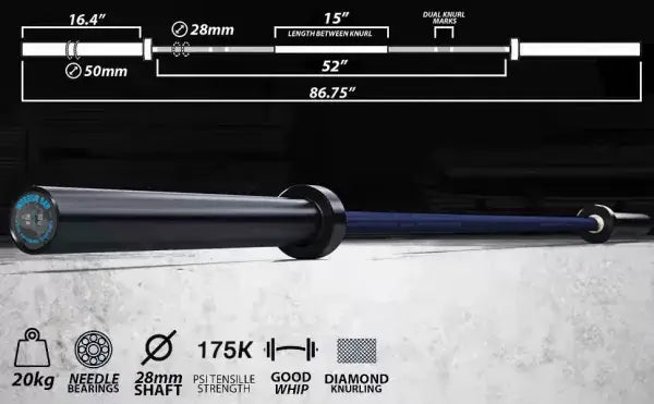 X-RIVAL Warrior 1.0 Olympic Barbell specs with 28mm shaft, needle bearings and diamond knurling for weightlifting.