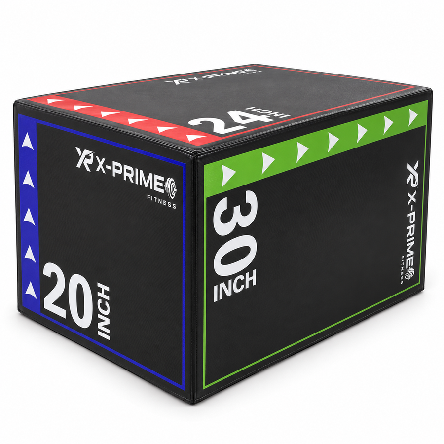 X-Prime Fitness 3-in-1 soft plyo box alternate angle with color-coded 20, 24 and 30 inch sides