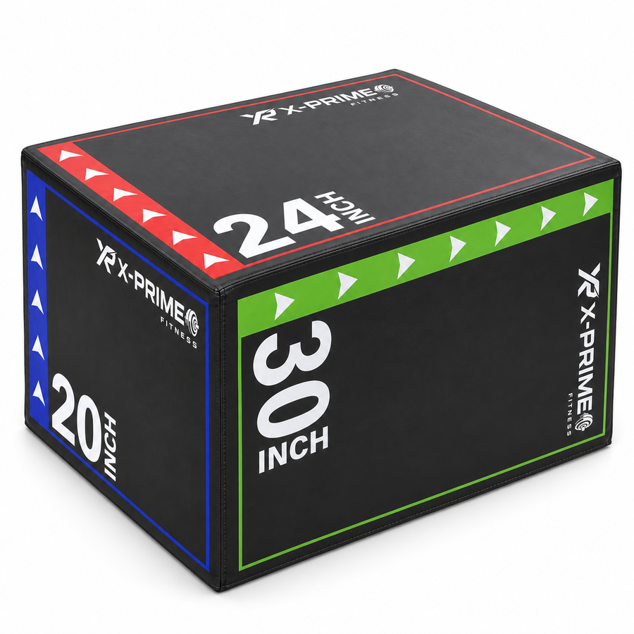 X-Prime Fitness 3-in-1 soft plyo box on white background showing 20, 24 and 30 inch training faces